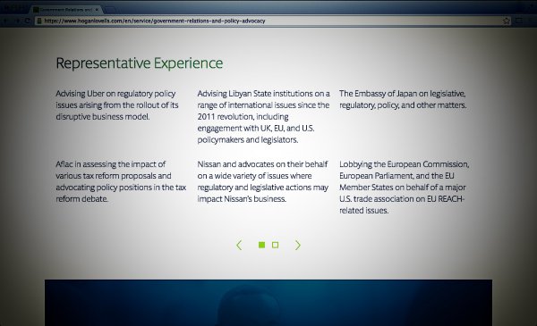 Hogan Lovells er et af de ni advokatfirmaer, der reklamerer med deres EU-lobbyarbejde uden at være tilmeldt lobbyregistret. På firmaets hjemmeside kan man blandt andet se, hvordan de rådgiver Uber. Foto: Screenshot fra hoganlovells.com.